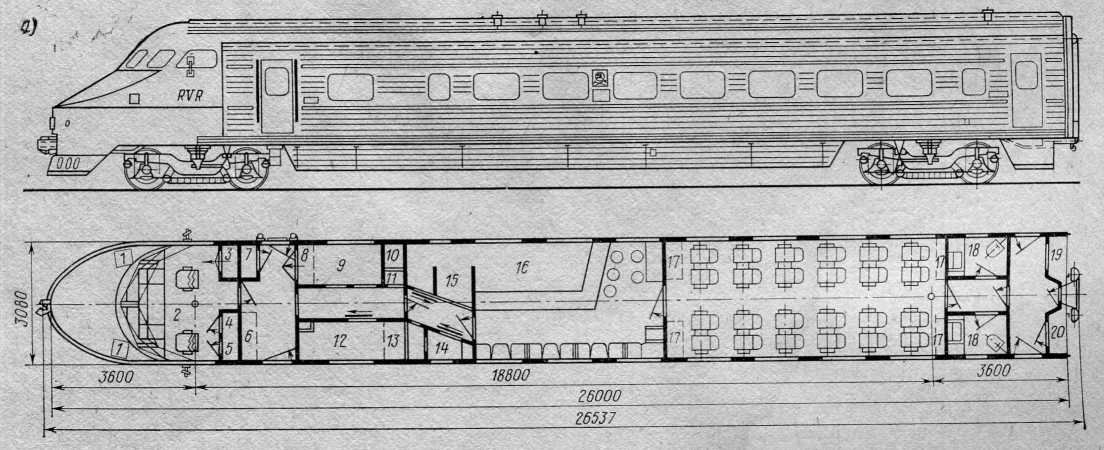 Рис. 1. Планировка внутренних помещений головного (а) ■ моторного (5) вагонов:1 - песочница;