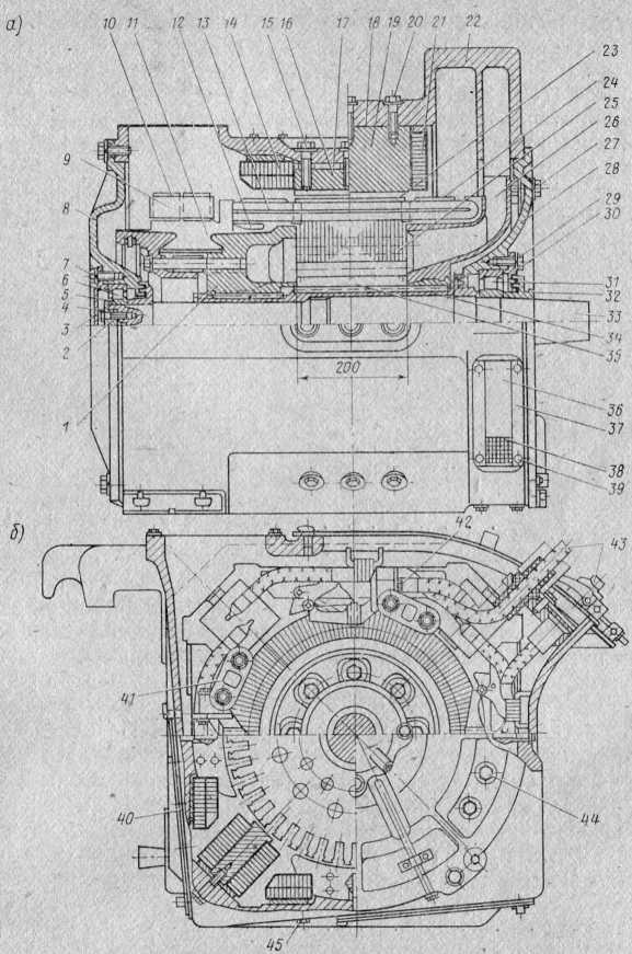 Рис. 32. Продольный (а) и поперечный (б) разрезы тягового электродвигателя 1ДТ-001: