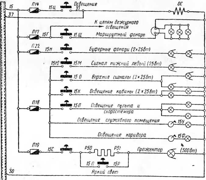 Рис. 107. Схема дополнительных цепей освещения и поездной сигнализации головного вагона