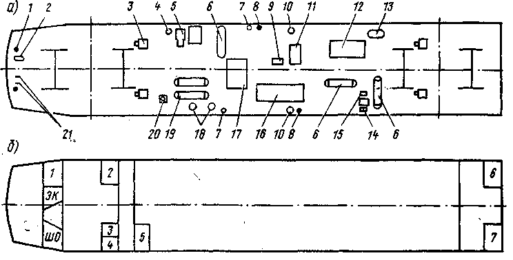 Рис. 15. Расположение оборудования (а) и шкафов (б) головного вагона электропоезда ЭР2Р