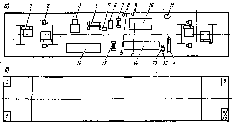 Рис. 16. Расположение оборудования (а) и шкафов (б) моторного вагона электропоезда ЭР2Р