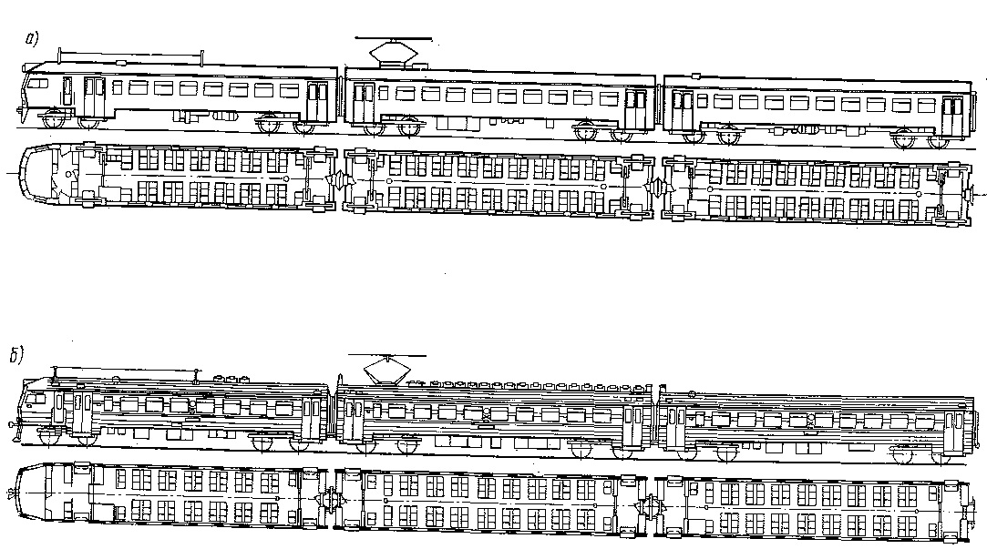 Рис. 4. Общий вид и планировка вагонов электропоездов ЭР2 (а) и ЭР2Р (б)