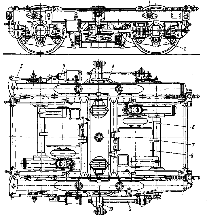 Рис. 18. Тележка моторного вагона электропоезда ЭР2: 