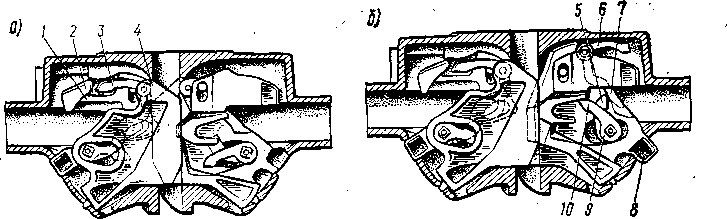 Рис. 50. Положения механизма сцепления автосцепки при сцеплении (о) и расцеплении (б):