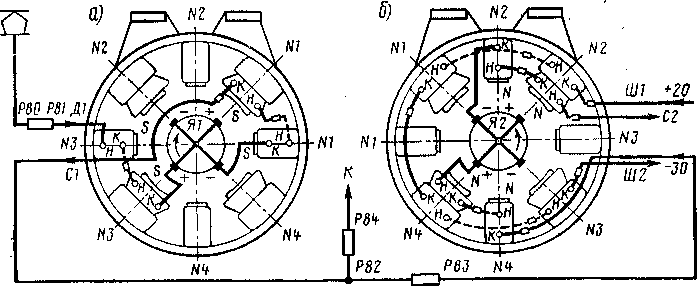Рис. 66. Схема соединения обмоток делителя напряжения со стороны вентилятора (а) и генератора (б)