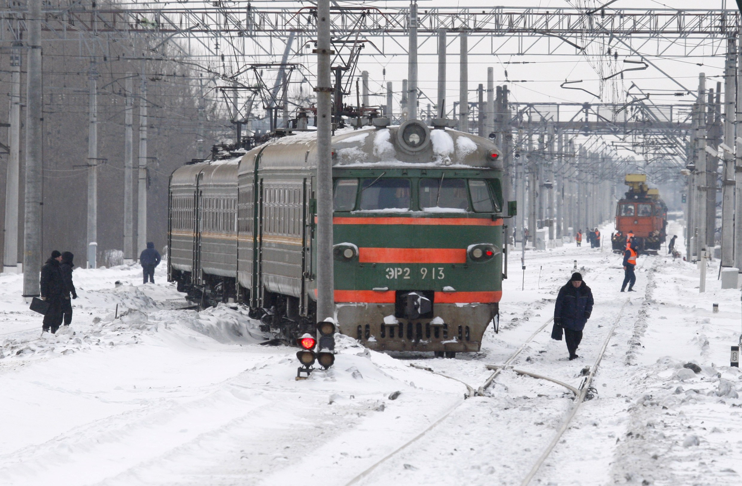 An electric train passes by the site of a bomb explosion in St.Petersburg