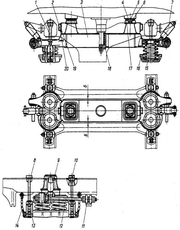 Рис. 1.40. Центральное рессорное подвешивание тележки моторного вагона электропоезда ЭР2Т: