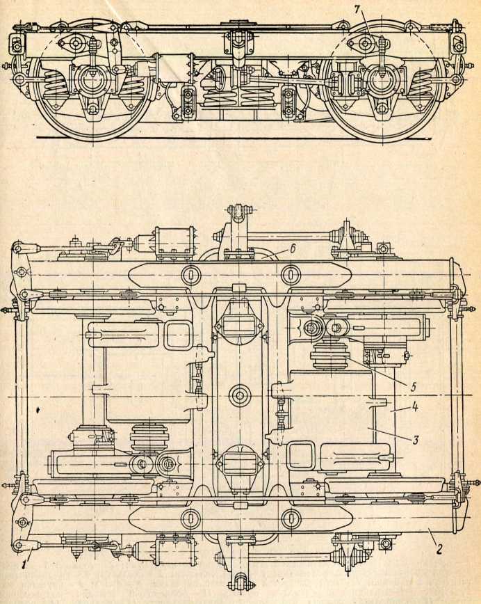 Рис. 167. Тележка моторного вагона электропоезда ЭР9: 