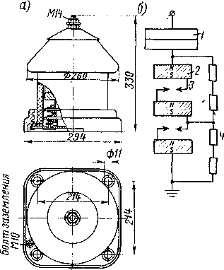 Рис. 47. Общий вид разрядника (а) и его электрическая схема (б):