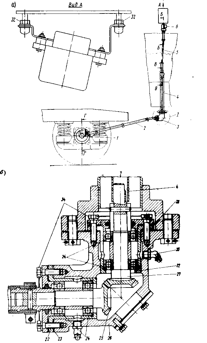 Рис. 51. Скоростемер (а) и конический редуктор скоростемера (б)